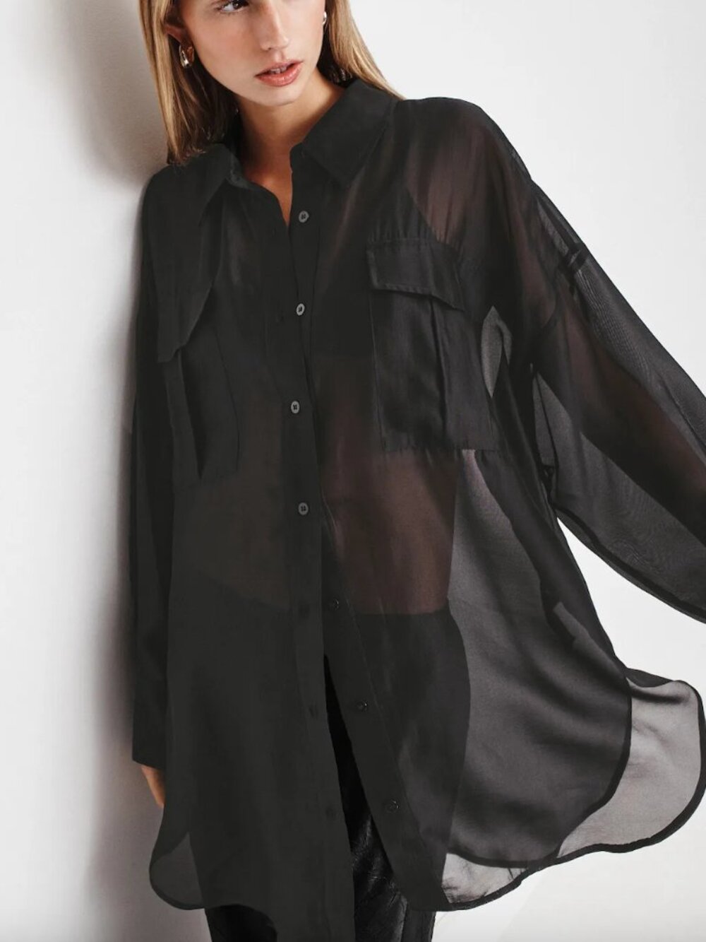 Love Stories Hailey Sheer Button Down Shirt in Black Long Sleeve Collared Blouse